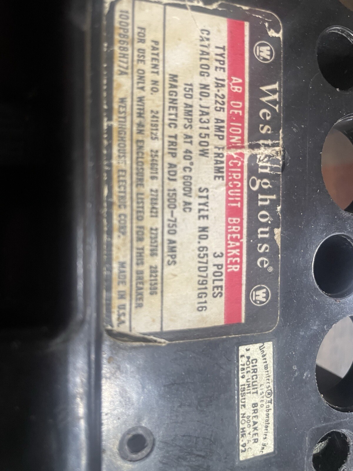 WESTINGHOUSE 150 AMP CIRCUIT BREAKER 600 V AC 3 POLE JA3150W
