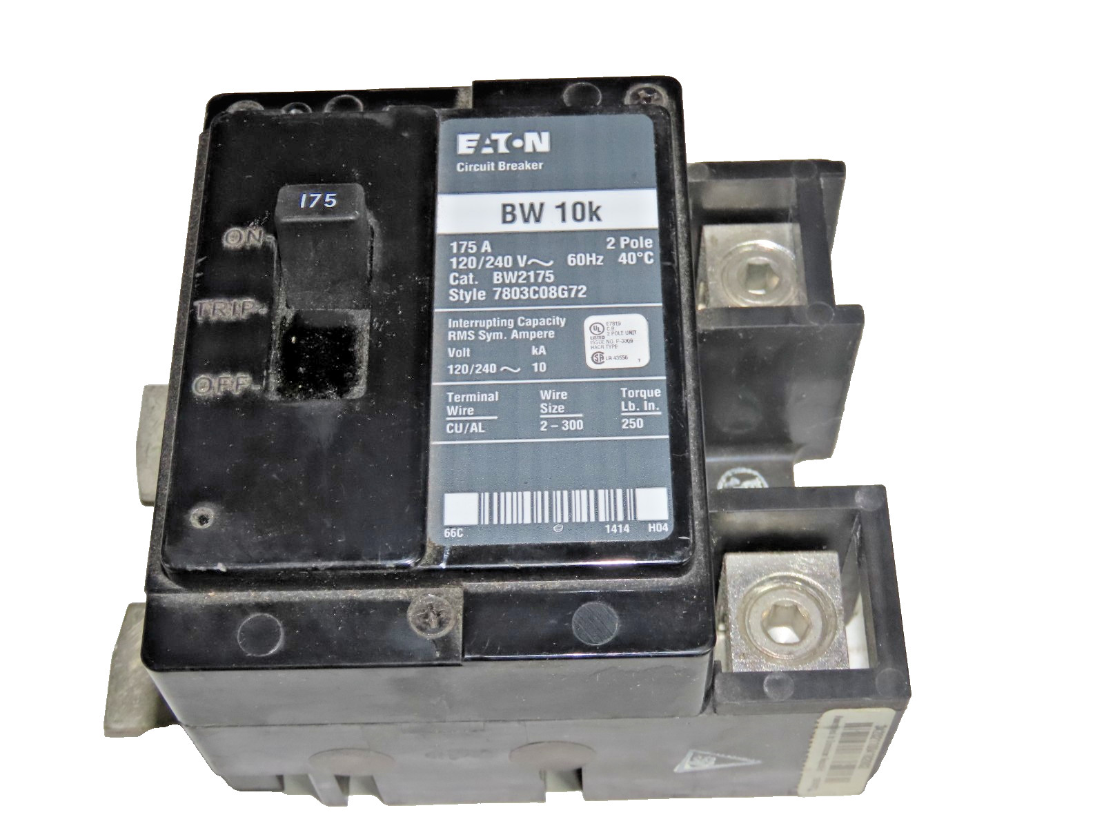 EATON CIRCUIT BREAKER 175A 120/240V 2 POLE BW2175 SKU 221