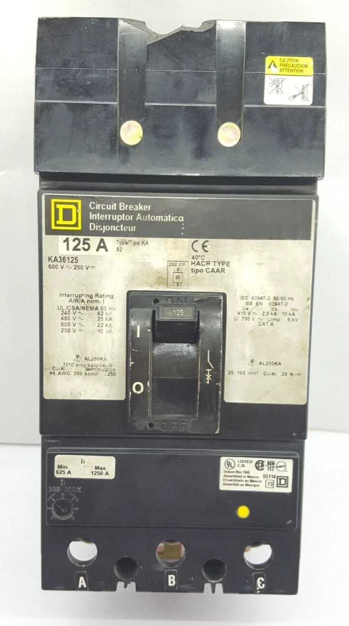 SQUARE D KA36125 3 POLE 125 AMPS CIRCUIT BREAKER 600V 250V / TESTED OK
