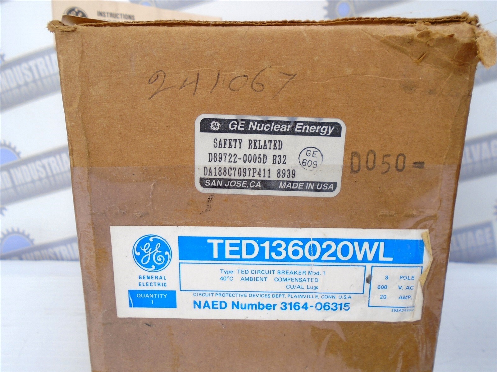 GE – TED136020WL – 20A, 3 Pole, 240-600 VAC – w/EXTERNAL RESISTOR 20k Ω 25W