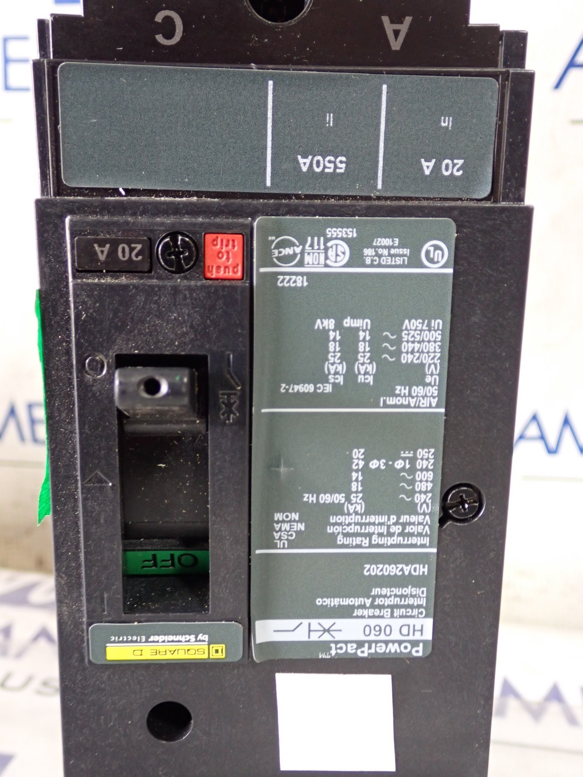 New Square D HDA260202 2 pole 60 amp 18kA@480v I line Breaker A/C Phases