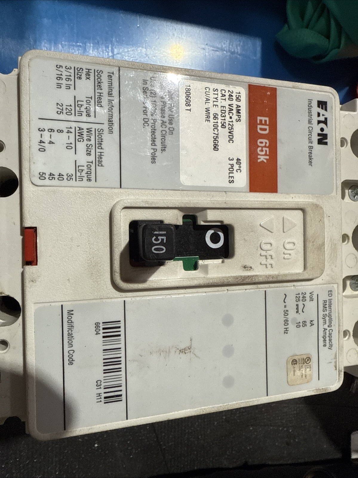 Eaton ED3125BP10 Molded Case Circuit Breaker 125A 240V 3PH