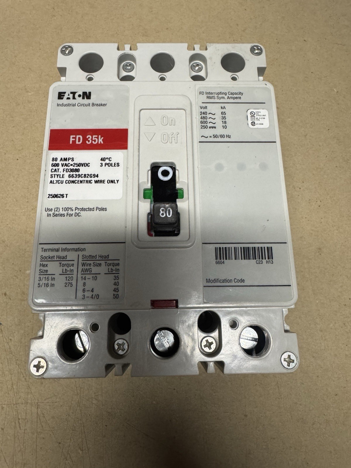 Eaton FD3080 Molded Case Circuit Breaker, Fd Series, 80A, 3 Pole, 600V Ac, 35Ka