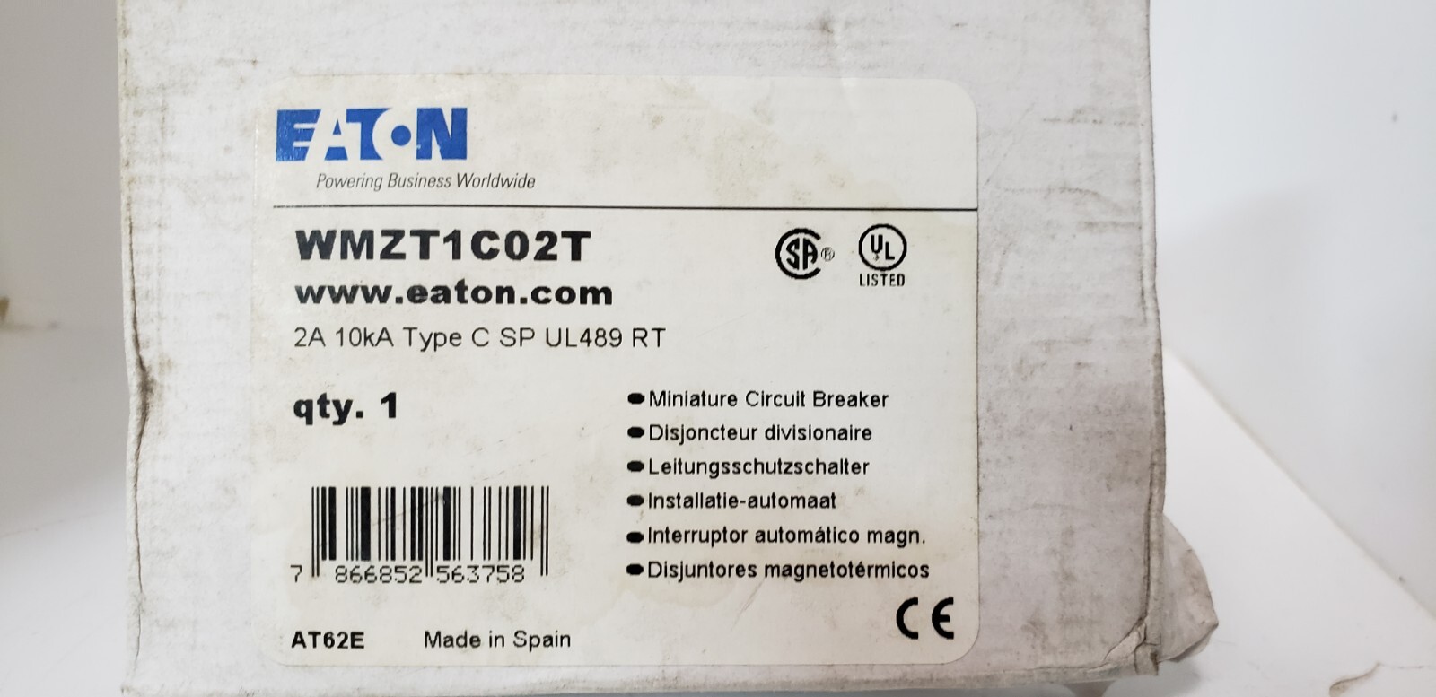 EATON WMZT1C02T CIRCUIT BREAKER, 1 POLE, 2A, 240/415V, 10kA, TYPE C, NIB