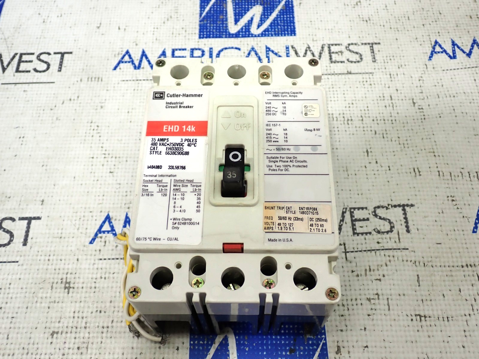 Cutler Hammer EHD3035 3 Pole 35 Amp 480 Volt Breaker W/ 48/127V Shunt Tested