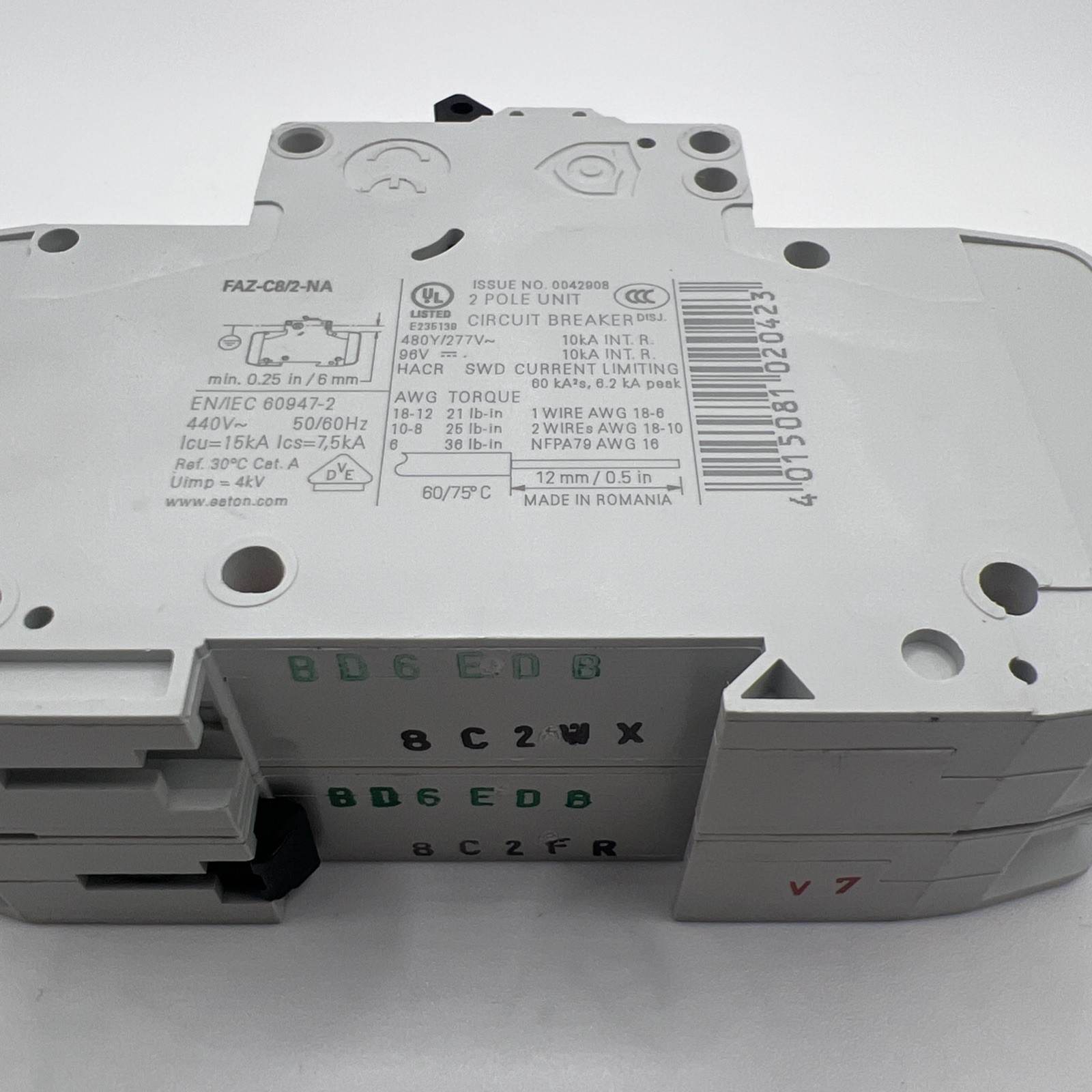 Eaton FAZ-C8/2-NA 2 Pole 8A Trip C Miniature Circuit Breaker 102166, NEW
