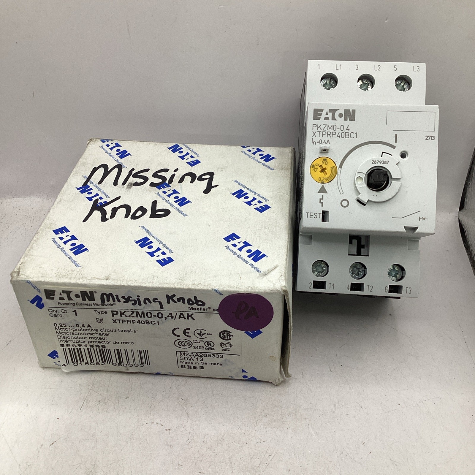 Eaton PKZM0-0,4/AK Motor Protective Circuit Breaker XTPRP40BC1 *missing knob 🟣
