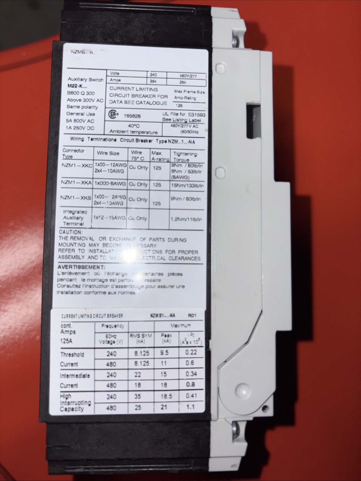 EATON NZMB1-A125 Molded Case Circuit Breaker IEC/EN60947-2