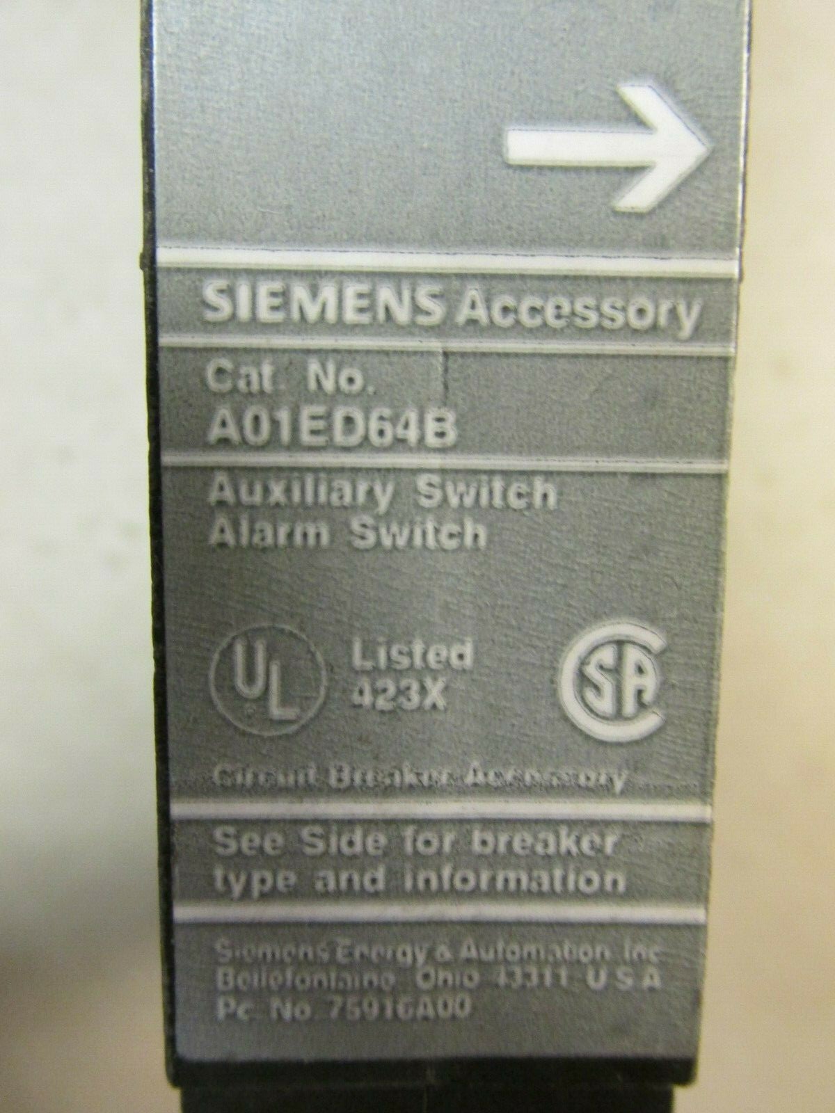 SIEMENS ACCESSORY AUXILIARY SWITCH CAT No. A01ED64B … WI-116