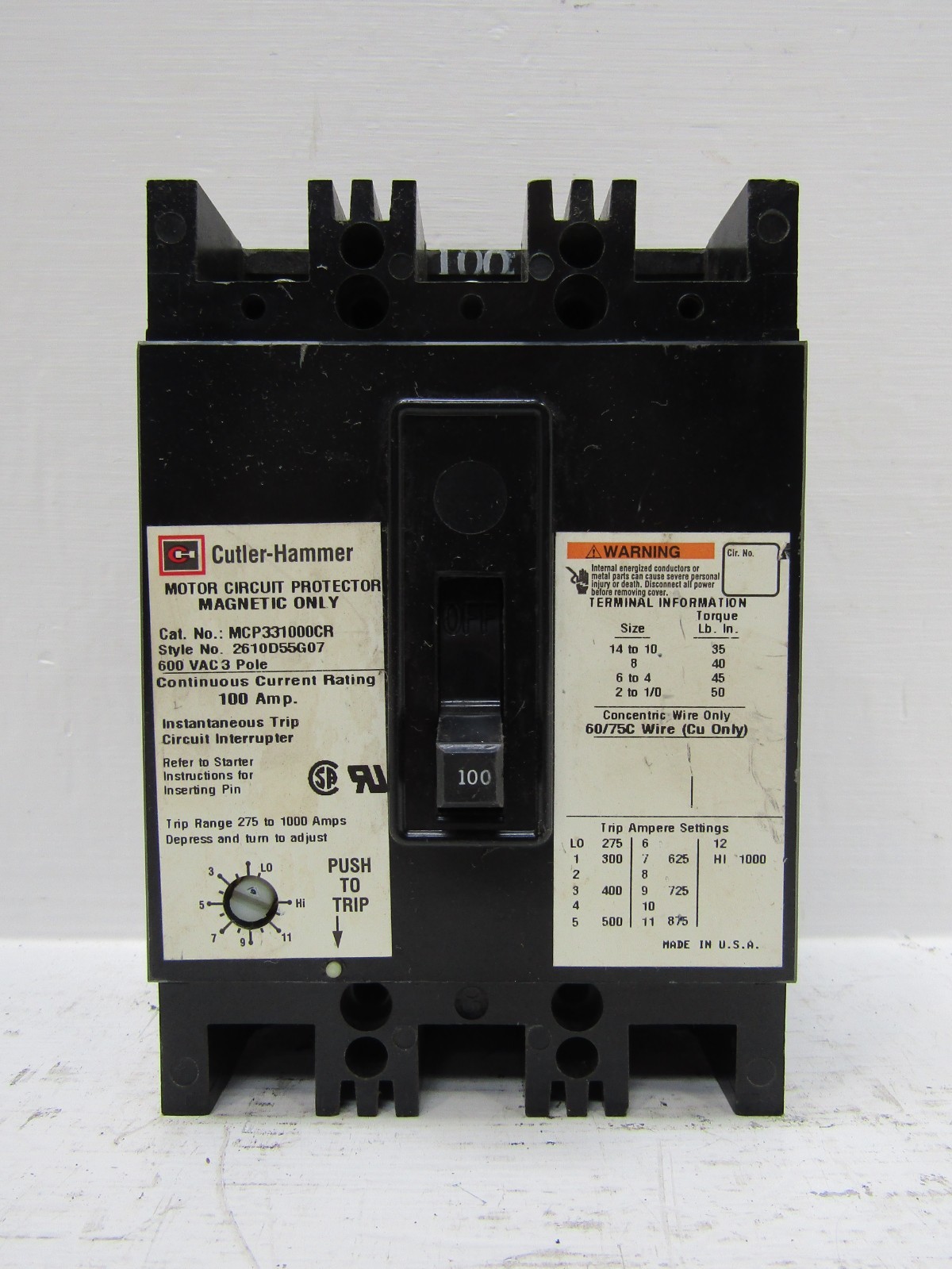 Cutler Hammer MCP331000CR 100 Amp 600V 3-Pole Circuit Breaker 100A 3P