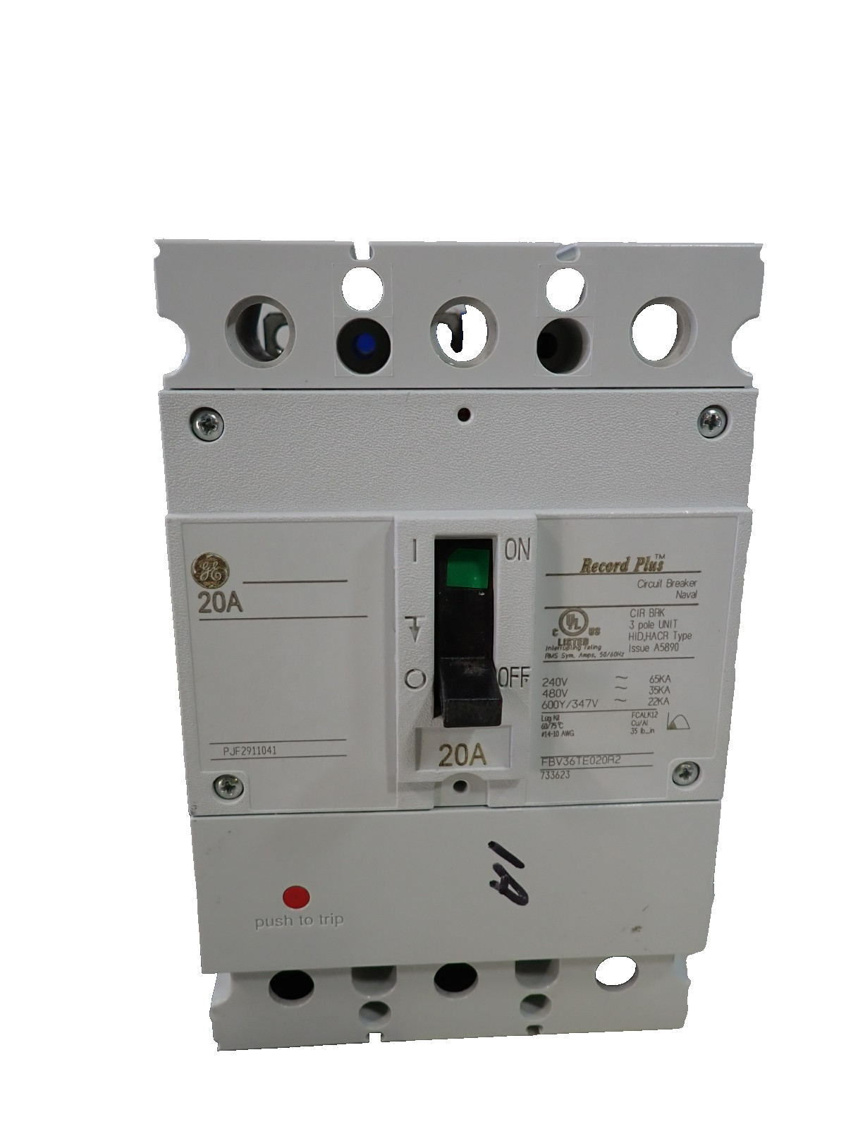 GE FBV36TE020RV 3 pole 20 Amp Volt 35kA@480V Record Plus FBV Circuit Breaker