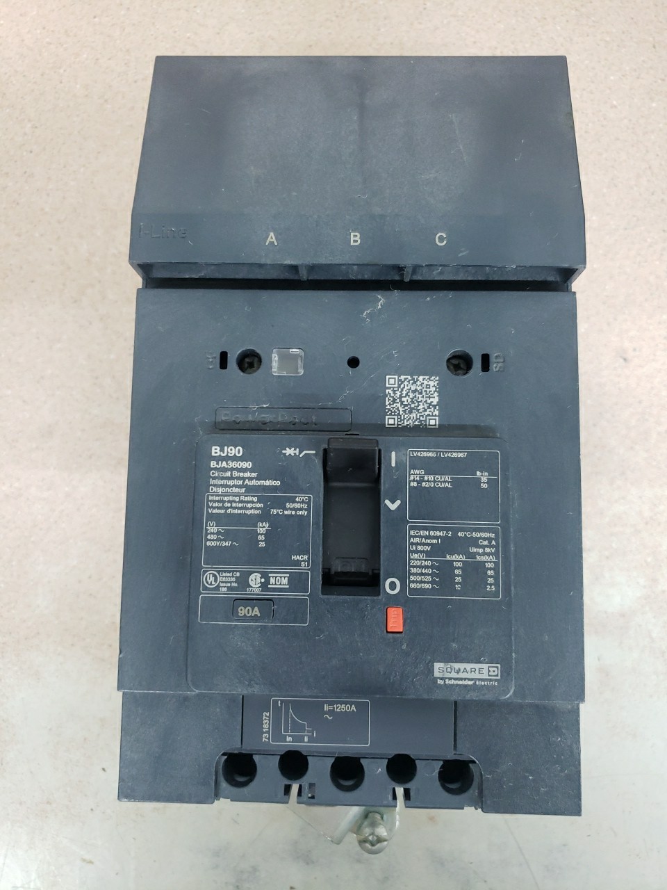 SQUARE D BJA36090 90 AMP 3 POLE 600V 65KA POWERPACT CIRCUIT BREAKER