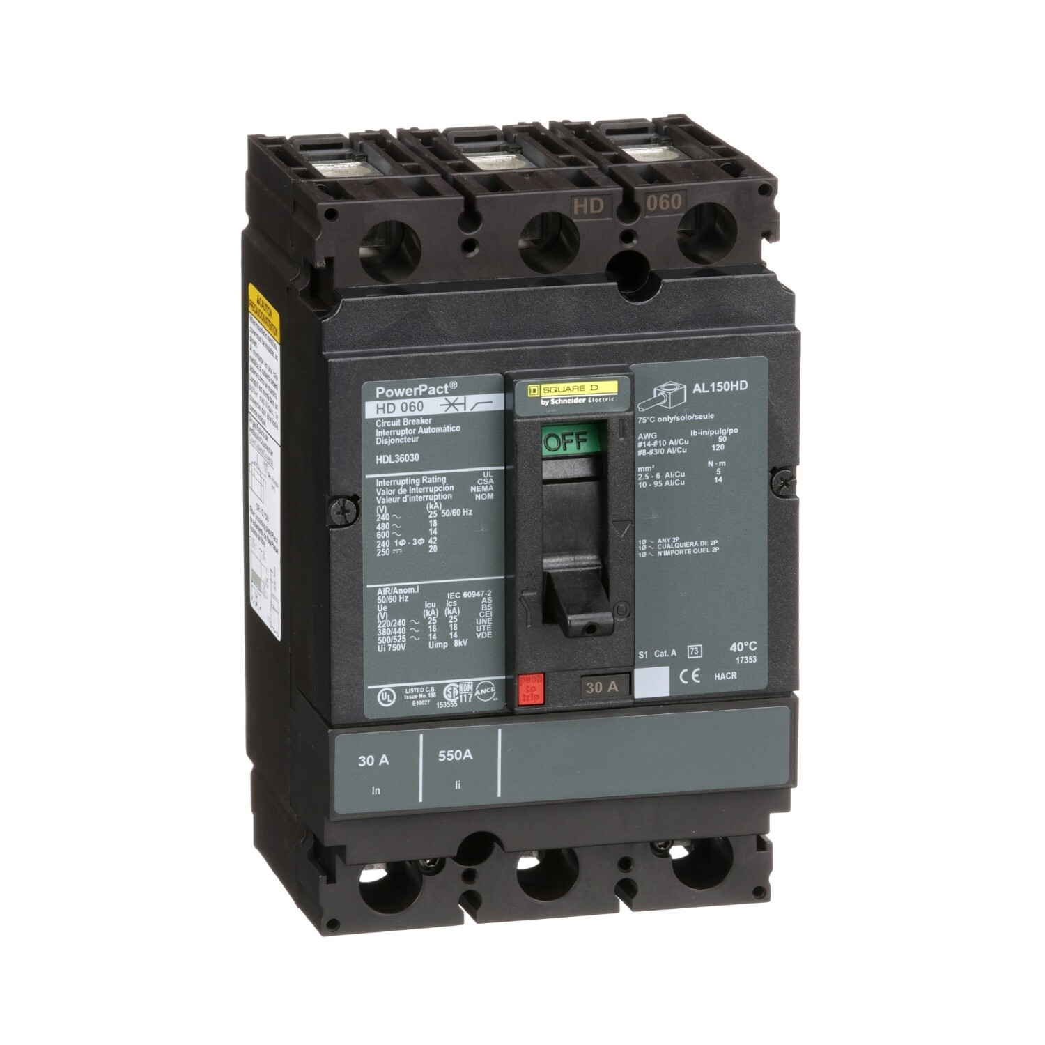 Square D HDL36030 Circuit Breaker – 30A, 3 pole, 600VAC, 14kA, lugs, PowerPact H