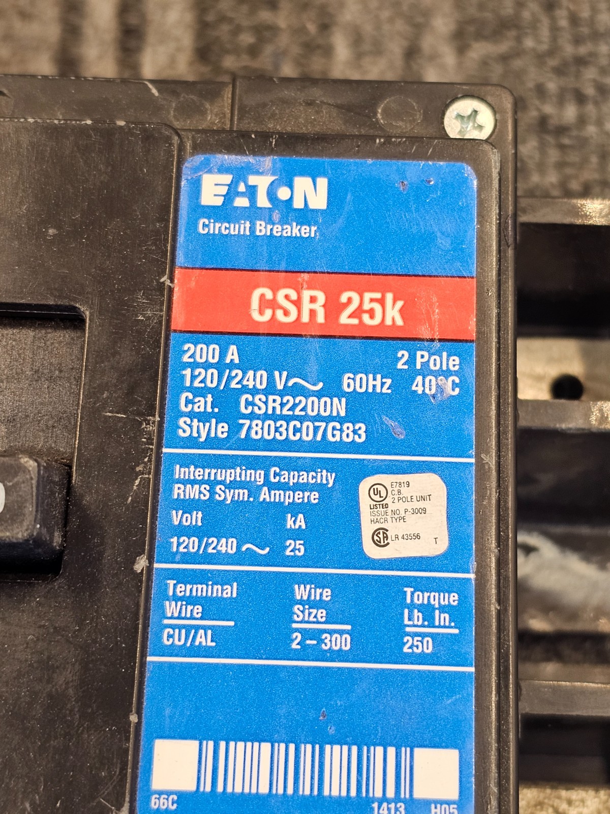 Eaton CSR2200N Circuit Breaker 200A 2-Pole 120/240V 60Hz 40C CSR 25k