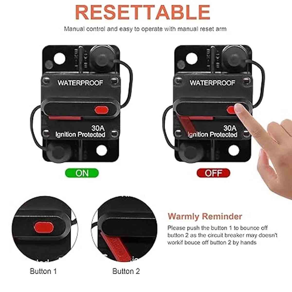 2 Pack of 30-ampere automotive and marine circuit breakers with manual reset US