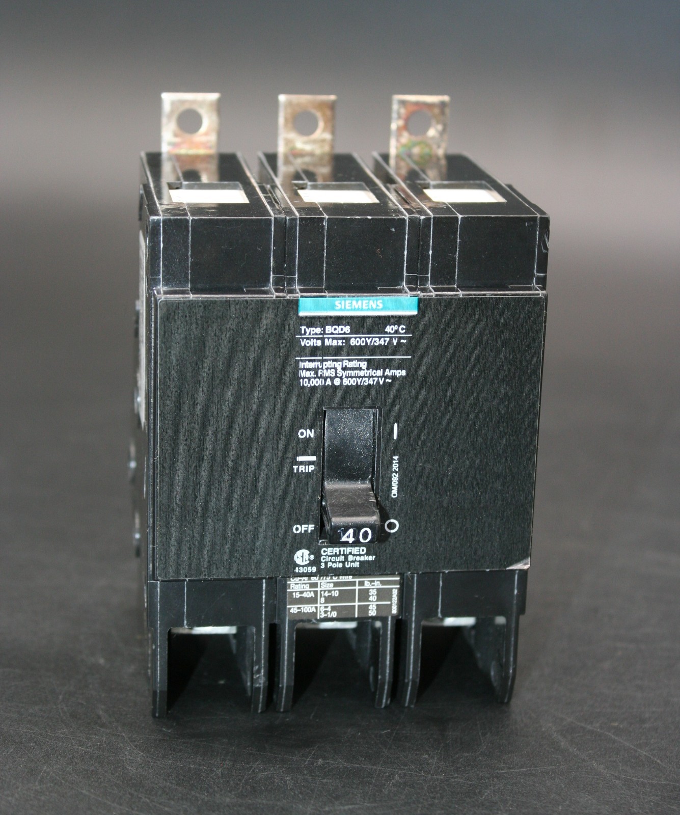 One (1) Siemens BQD6/BQD6340 Circuit Breaker 40 Amp, 3-Pole, 600Y/347 V Mexico