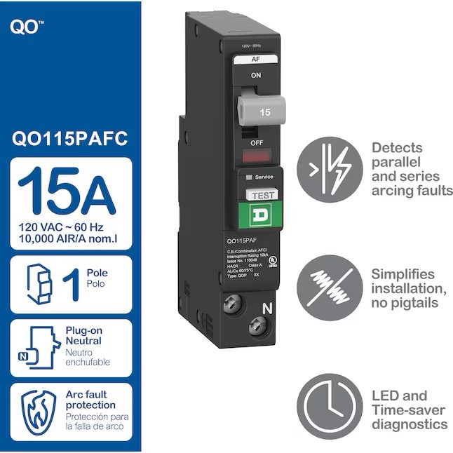 Square D QO QO115PAF 15A 1P 120V AFCI Plug on Neutral Circuit Breaker