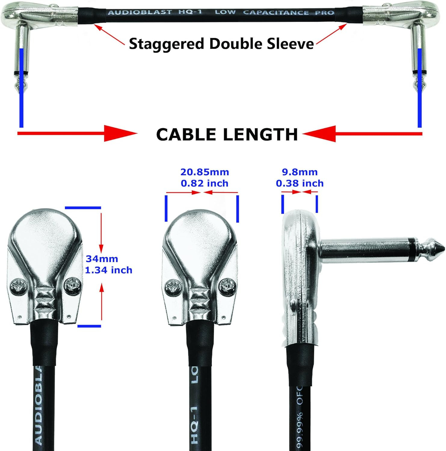 Audioblast HQ-1 6″ Dual Shielded Instrument Patch Cables with Low-Profile Connec