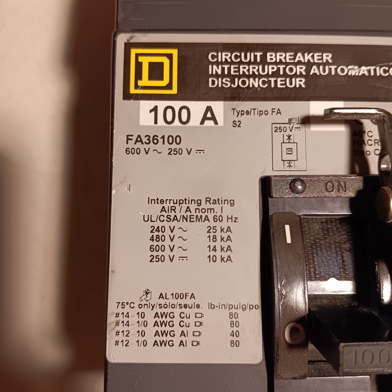 Square D FA36100 100 Amp 3Pole 18kA@480VAC I-Line Breaker Excellant condition.