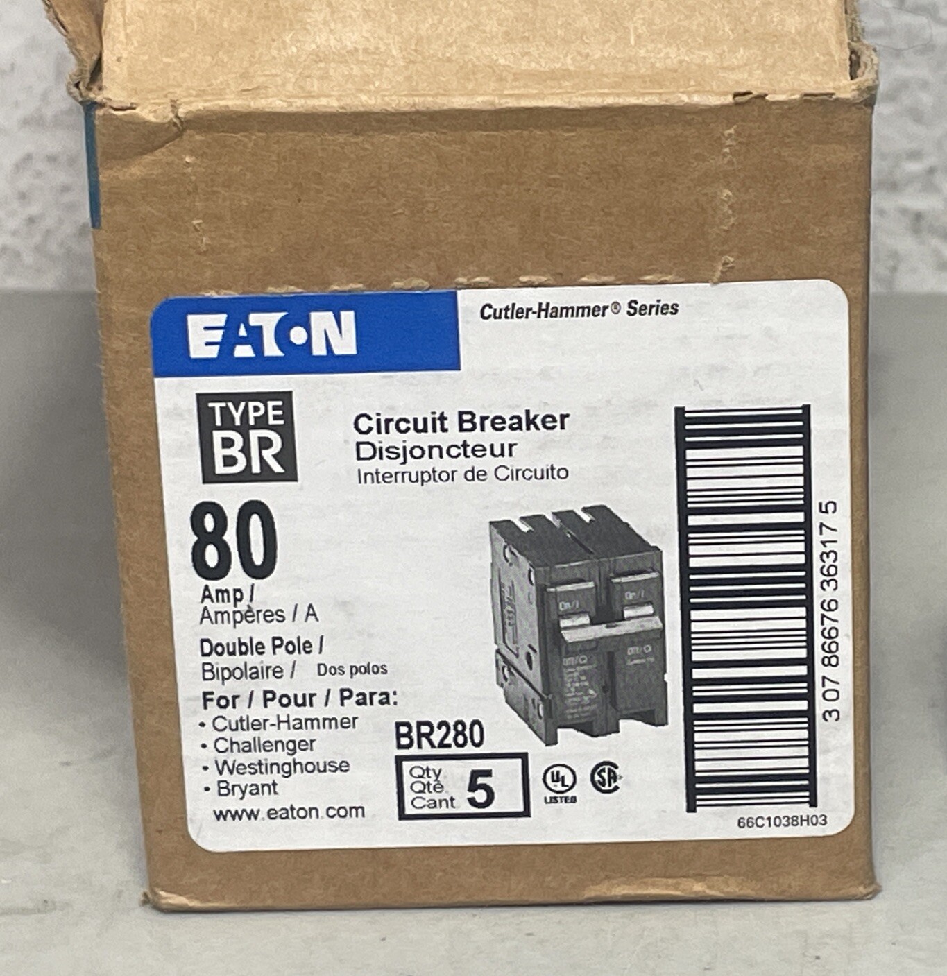 Eaton BR280 (5 Pack) 80 Amp 2P 120/240VAC Circuit Breaker Type BR- NEW Box of 5