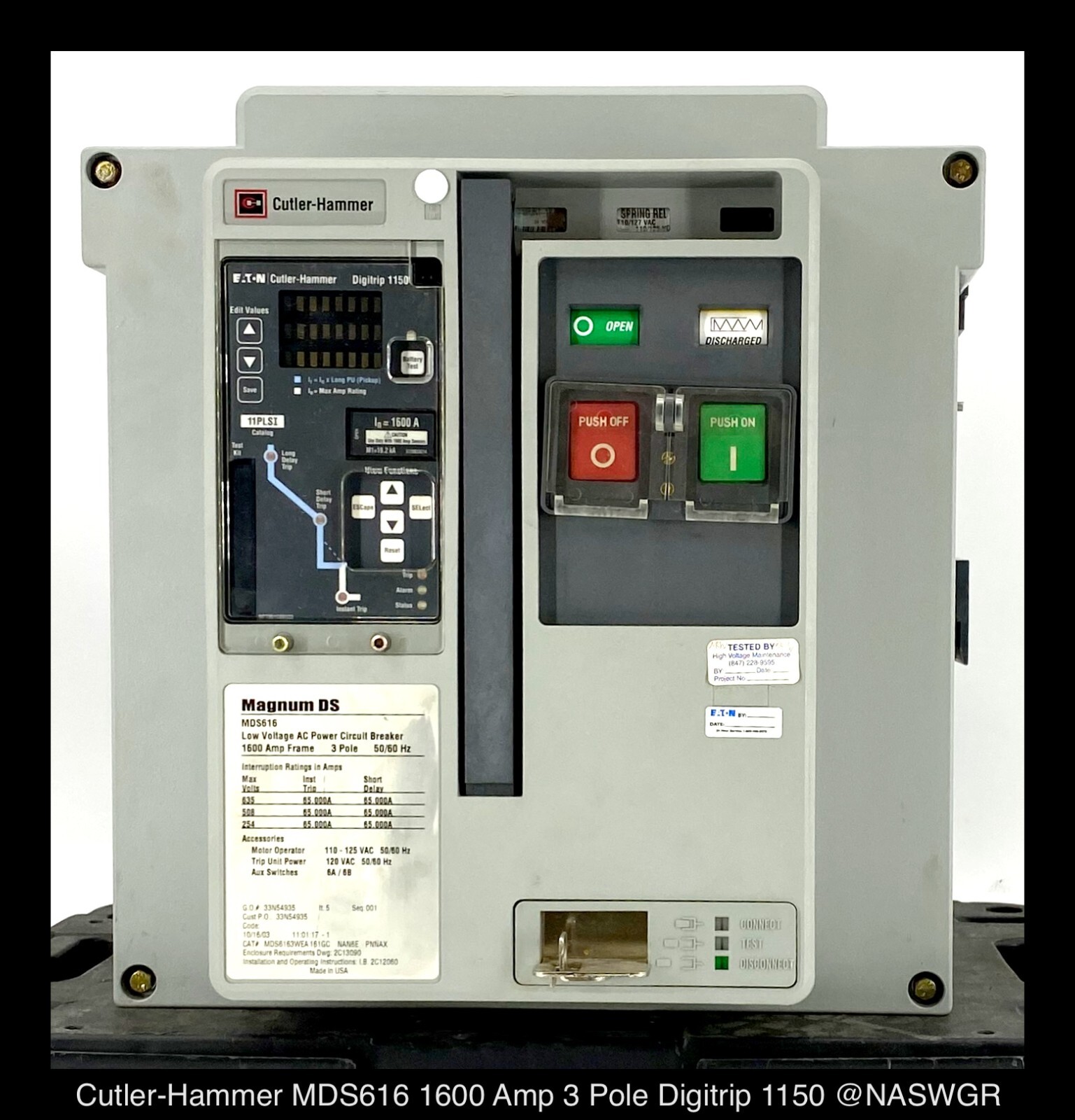 Cutler Hammer Magnum DS MDS616 Breaker (E/O,D/O) ~ 1600 Amp -Tested/1Yr Warranty