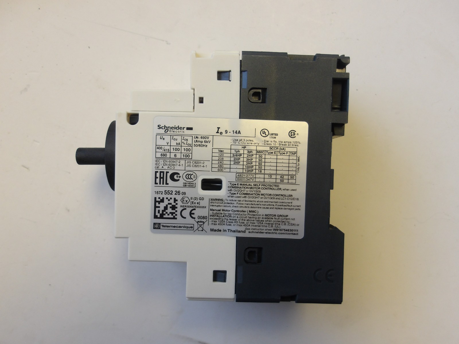 SCHNEIDER ELECTRIC P/N:GV2P16 MOTOR CIRCUIT BREAKER 3POLE 9-14A THERMAL MAGNETIC