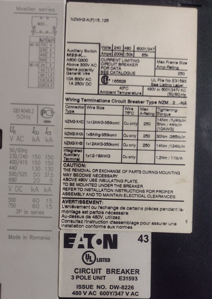 EATON NZMH2-A80-NA CIRCUIT BREAKER 80 AMP 690 VAC 3-POLE NEW TAKE-OUT