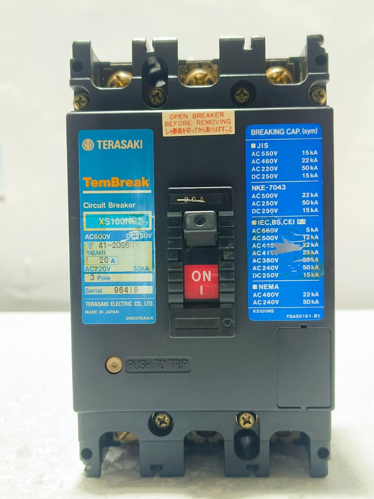 TERASAKI XS100NS 20 A 3 POLE CIRCUIT BREAKER AC220V 50kA MCCB (Free Shipping)
