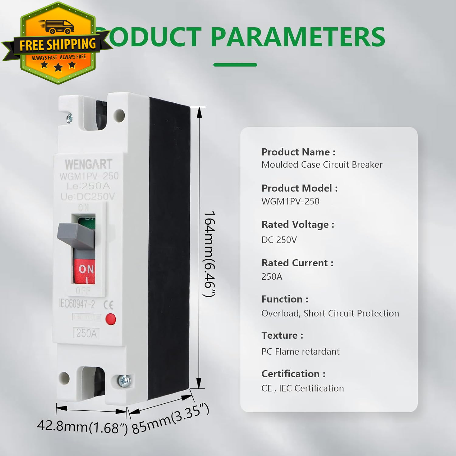 DC Circuit Breaker 250A 250V Solar PV Battery Disconnect 1 Pole MCCB
