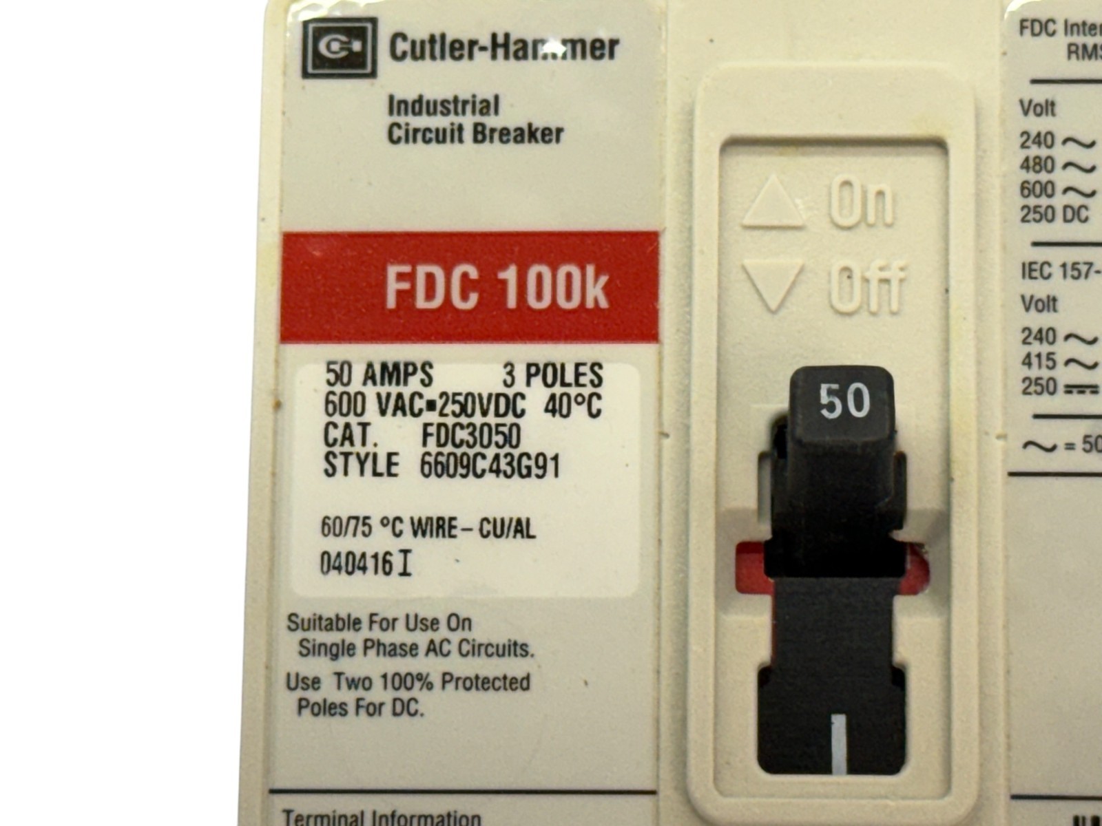 CUTLER HAMMER FDC3050 50A 3-PHASE 3-POLE 600V 100KA F-FRAME CIRCUIT BREAKER NEW