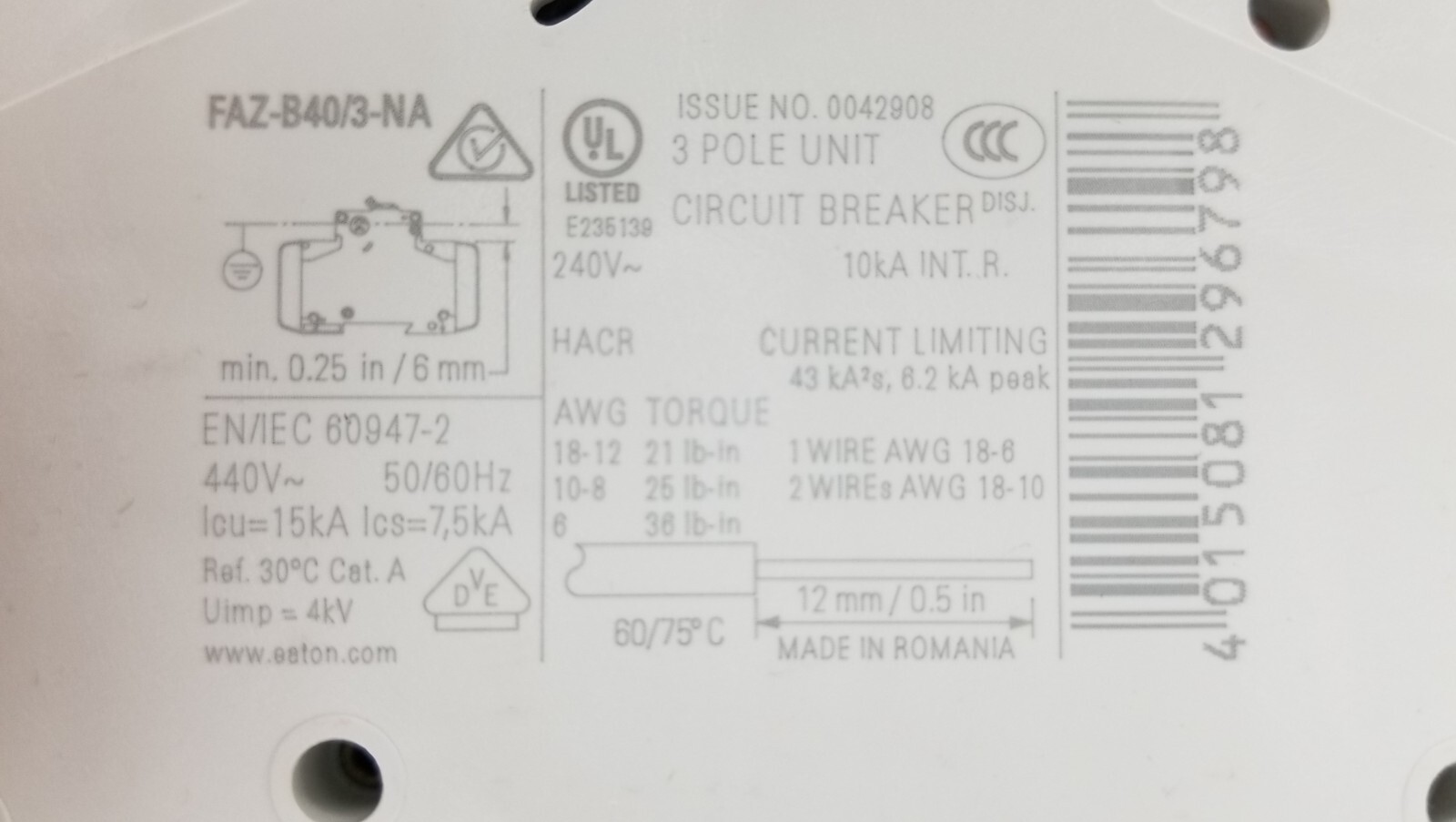 EATON Cutler Hammer FAZ-B40/3-NA Circuit Breaker 40A 240/415Vac 3P Din Rail NEW