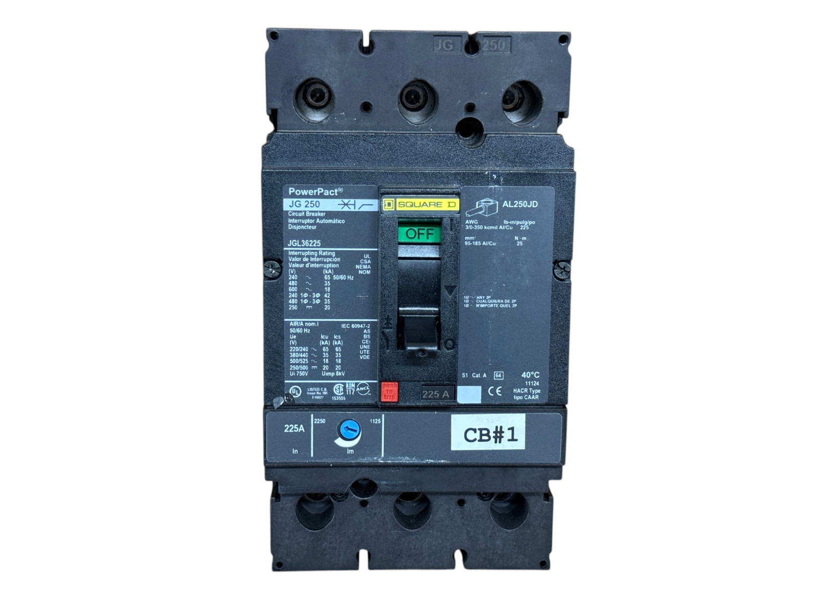 SQUARE D JGL36225 225A 3-POLE 600V J-FRAME POWERPACT J 35KA@480V CIRCUIT BREAKER