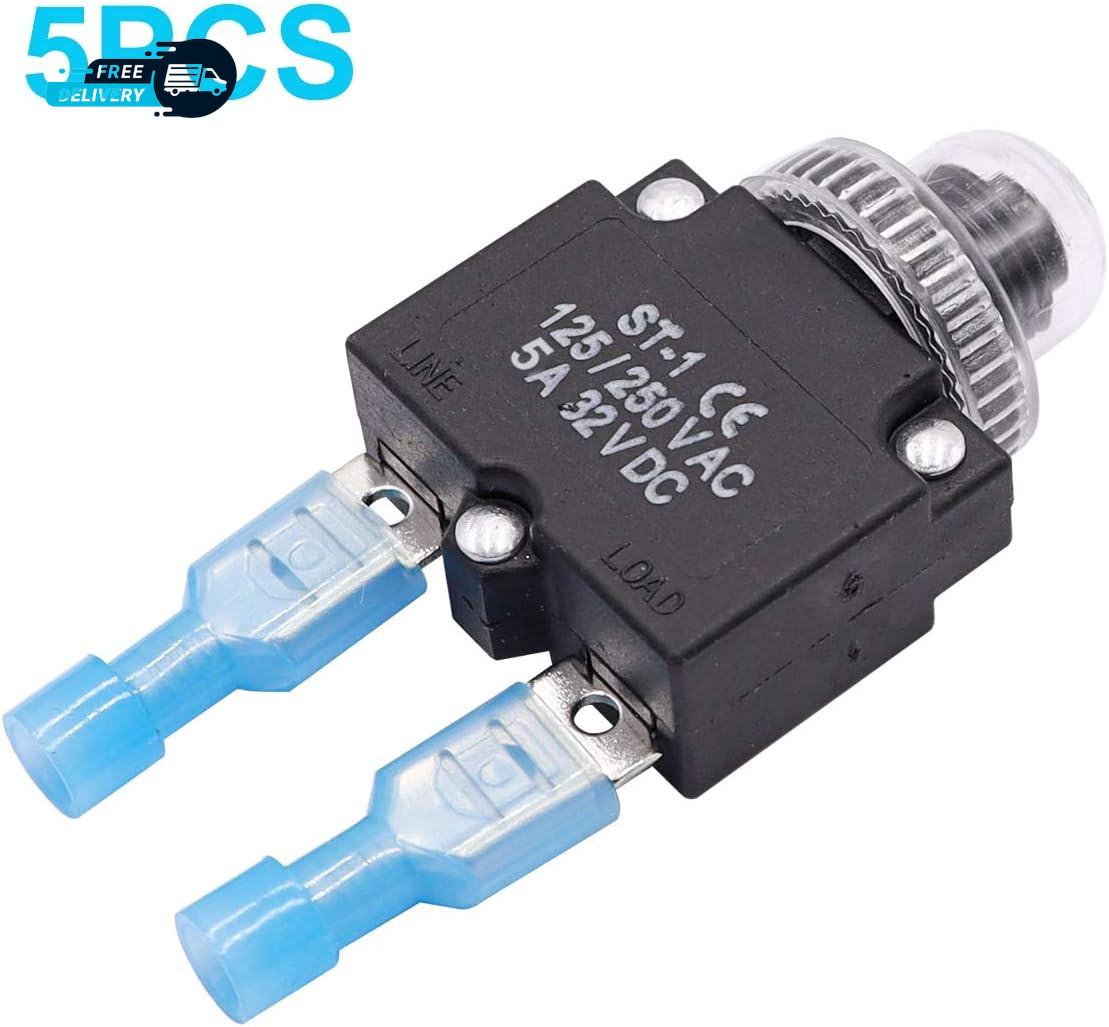 5Pcs 5Amp Circuit Breakers Push Button Manual Reset 125/250V AC 32V Dc