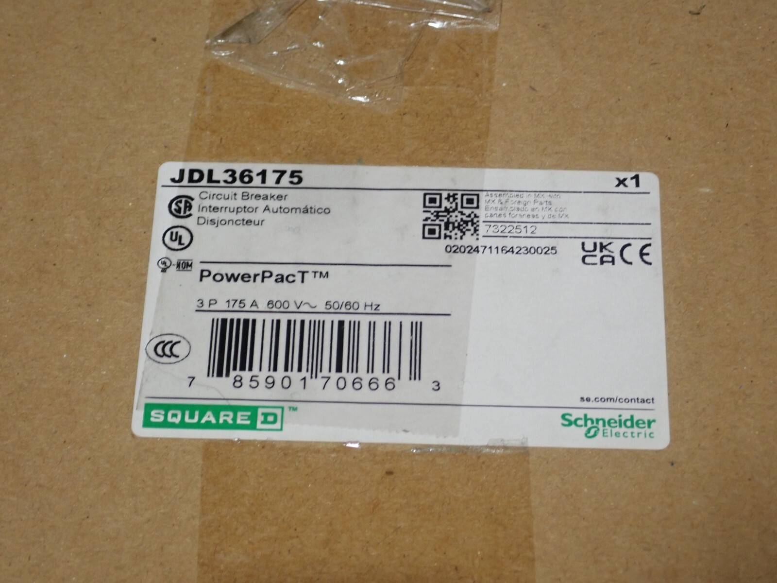 NEW Square D JDL36175 Schneider 175 Amp 3 Pole 600V PowerPact Circuit Breaker