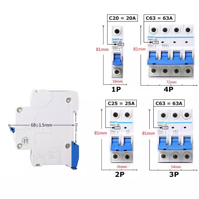 CHNT MCB NBE7 Circuit Breaker 1/2/3/4P 10A/16/20/25/32/40 to 63A Type C