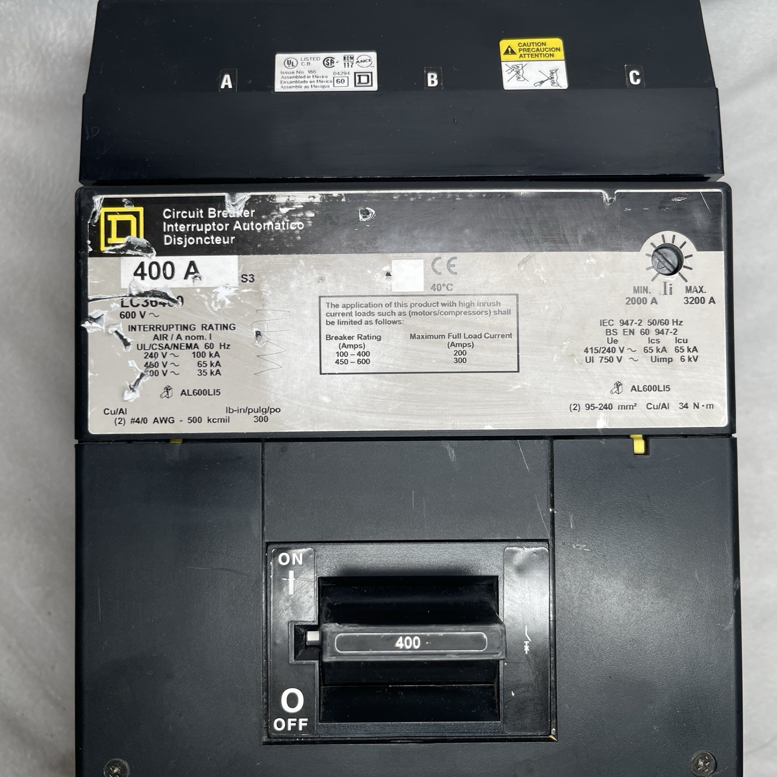 Square D LC36400 400 Amp 3 Pole 600 VAC Type LC I-Line Circuit Breaker 65kA@480V