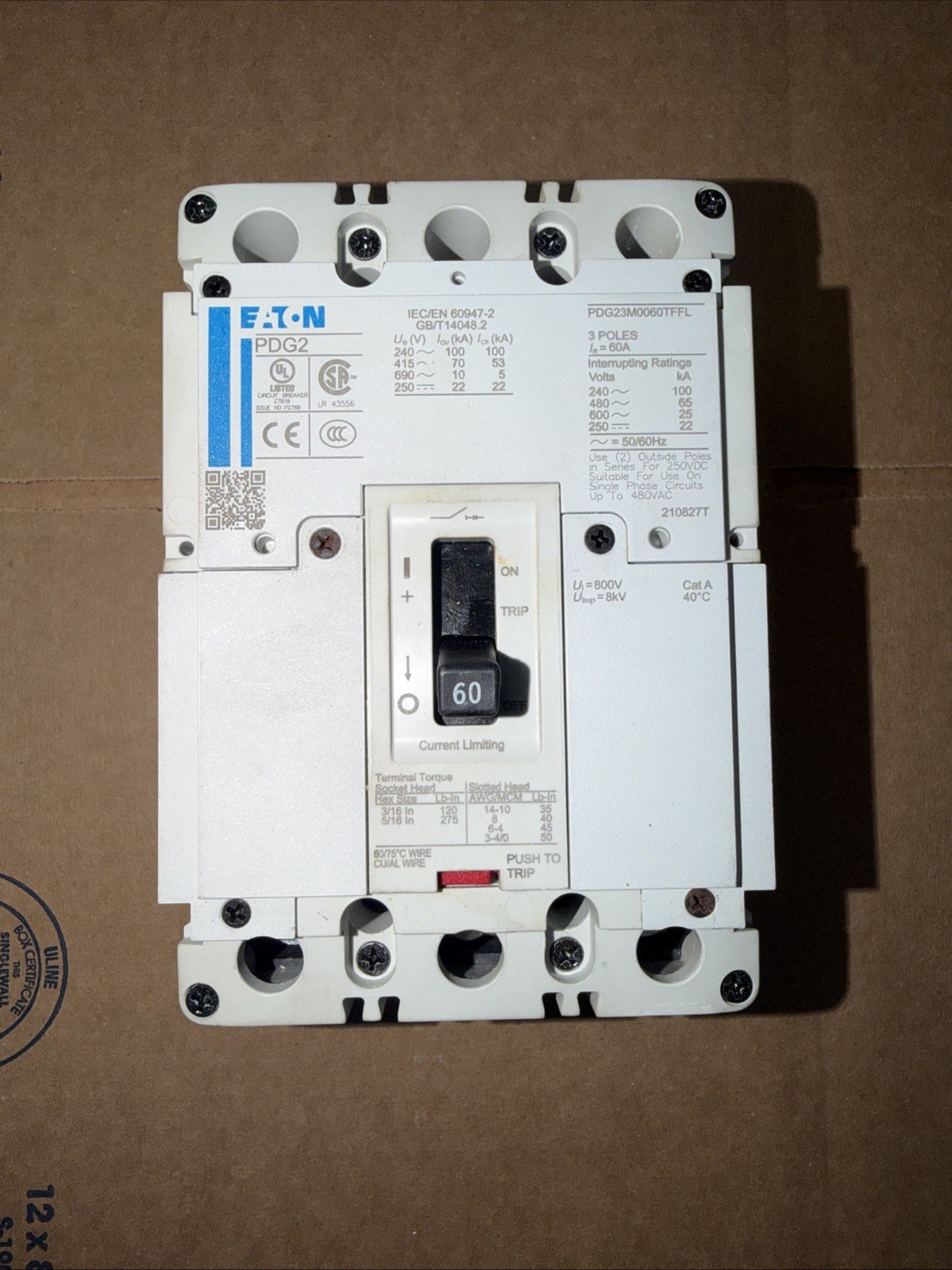 Eaton PDG23M0060TFFL 3 Pole 60A 240v Circuit Breaker Power Defense NEW TAKE OUT