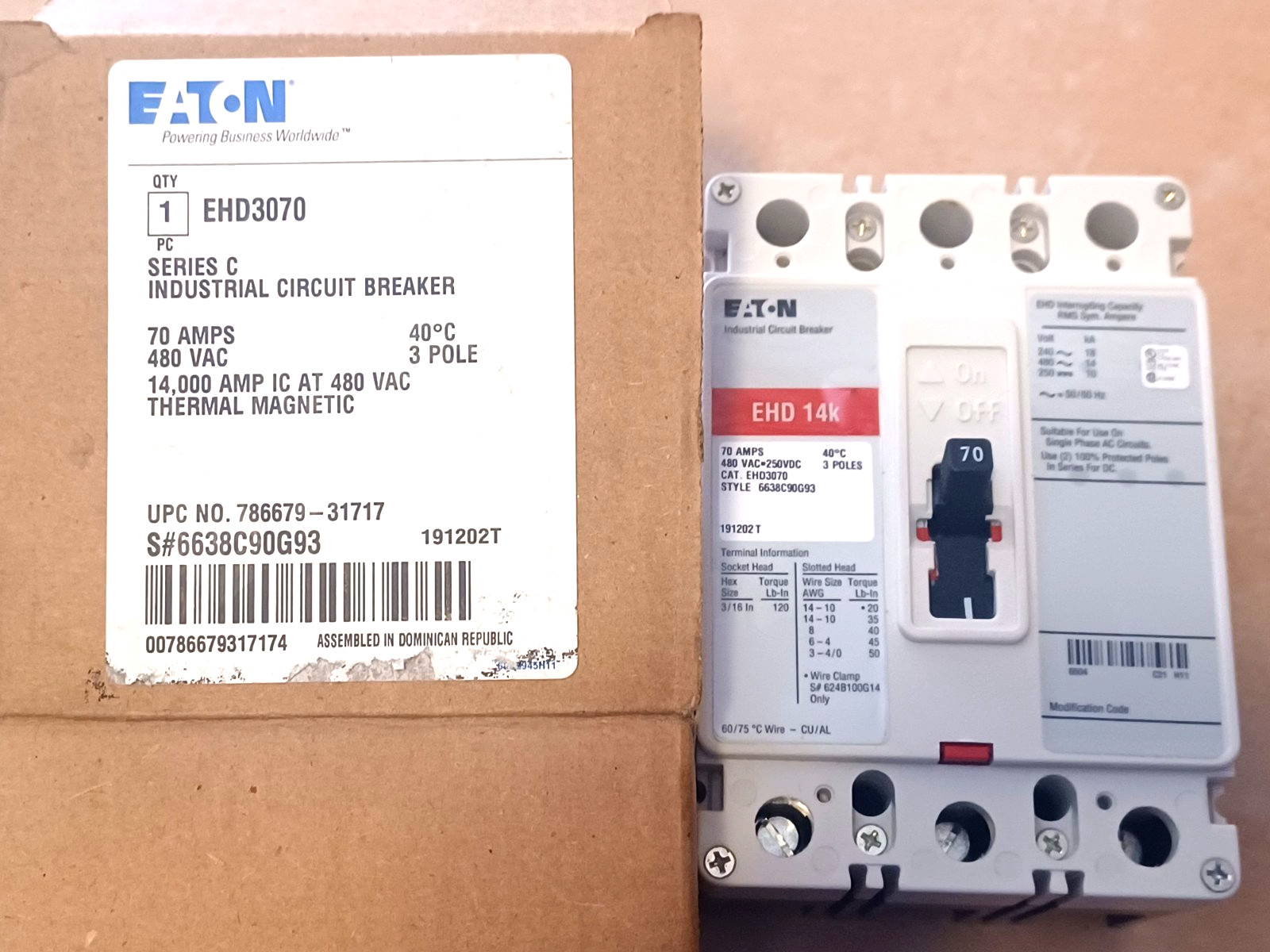 Cutler Hammer Eaton EHD3070 3 Pole 70 Amp 480Vac Circuit Breaker