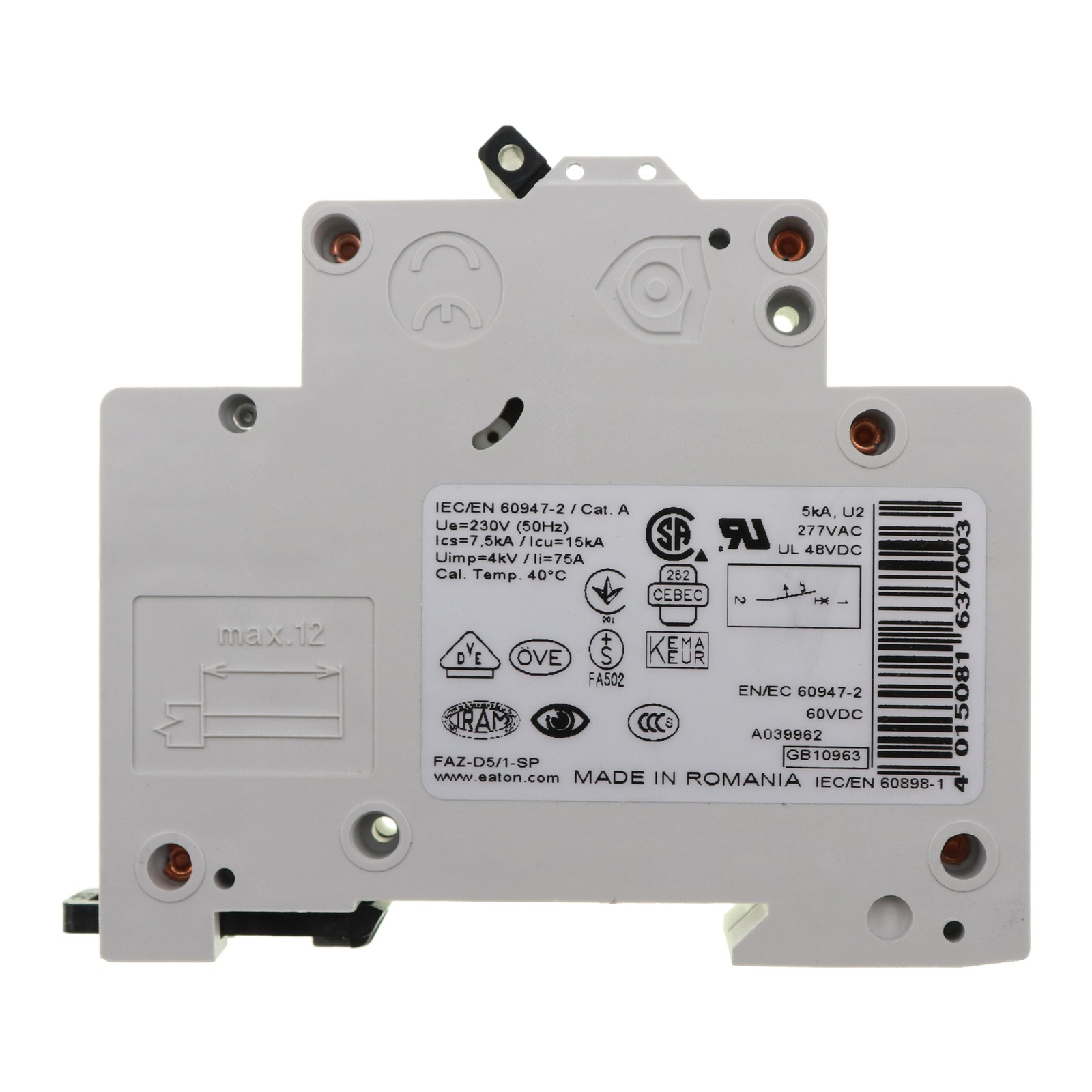 EATON FAZ-D5/1-SP SUPPLEMENTARY PROTECTOR, MINI-CIRCUIT BREAKER, 1-POLE, 5A, 277