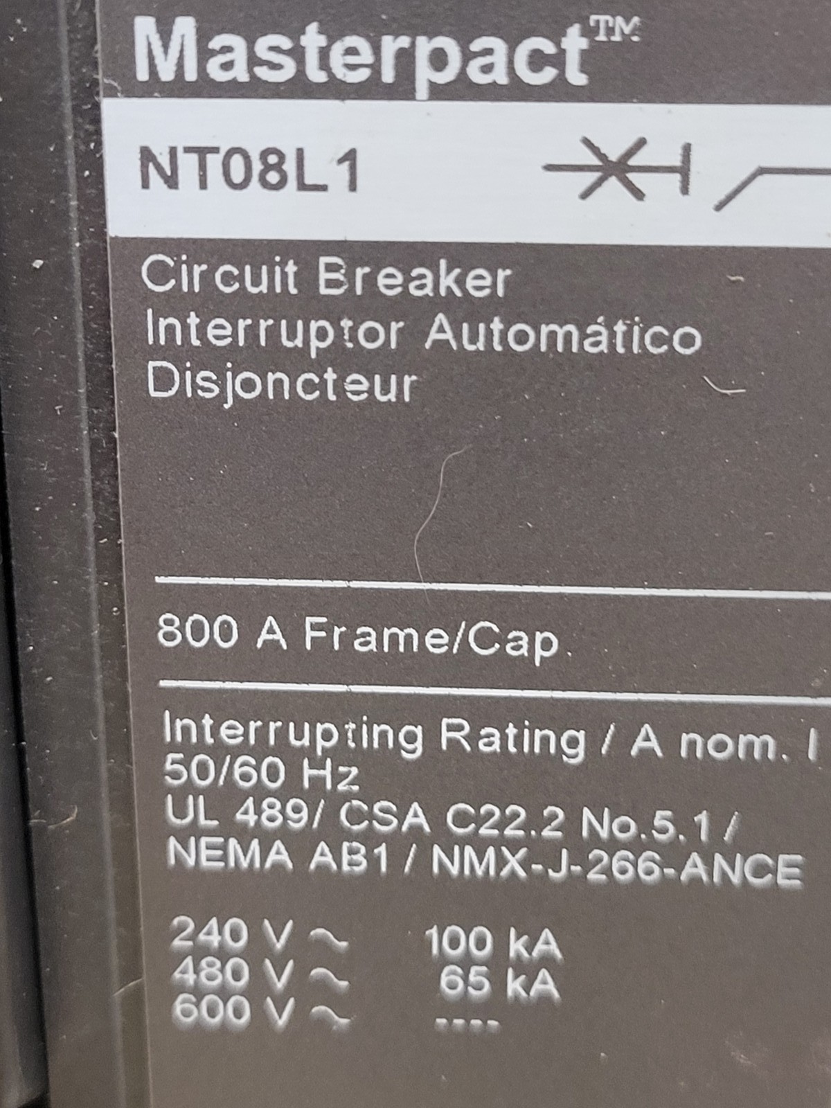 Square D TL8AAR43A3SXFXXXXXAT Circuit Breaker 800A 3P 480V Type NT08L1