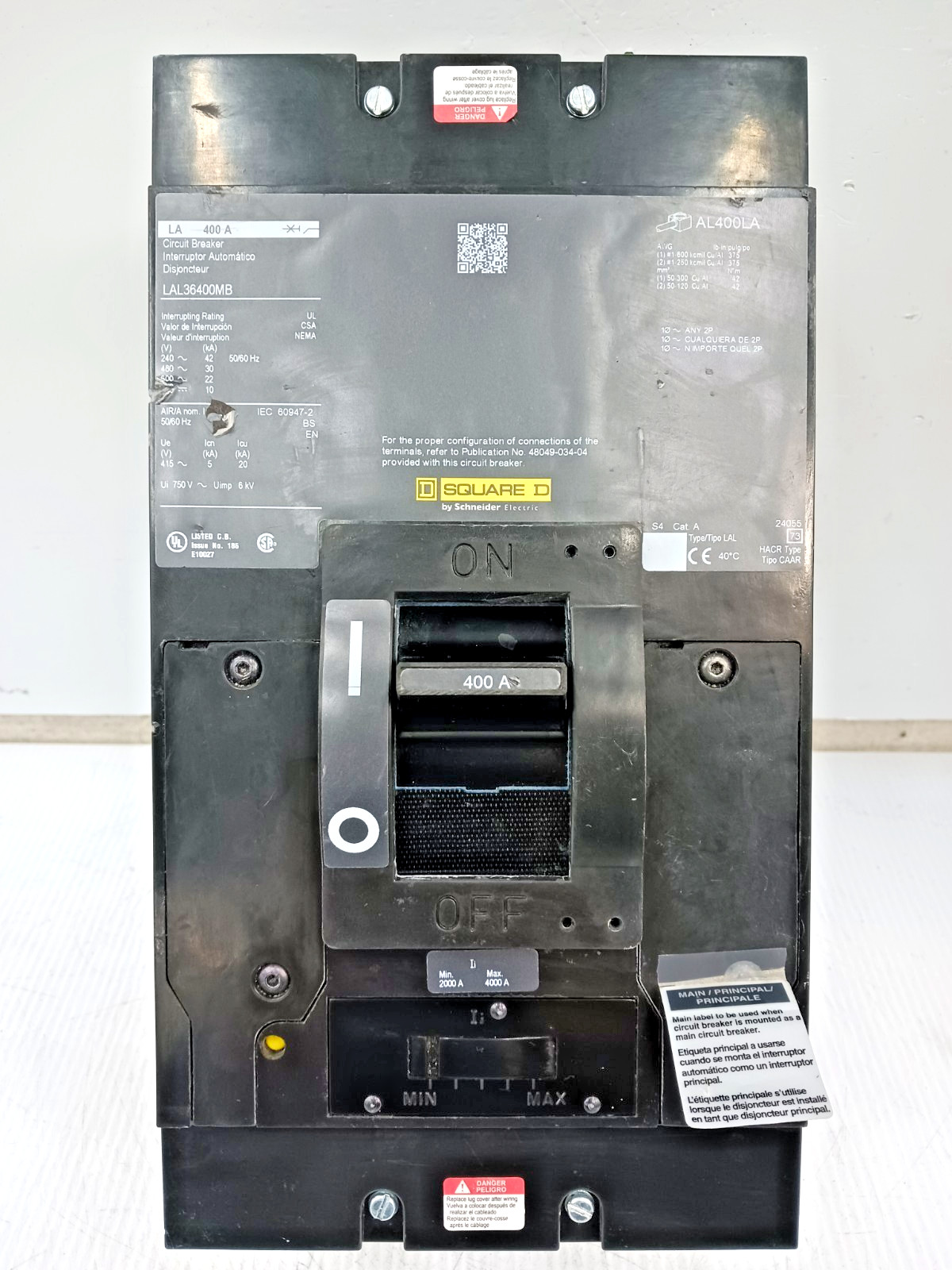 New Square D 400 Amp Circuit Breaker 3 Pole 600 VAC LAL36400MB (NTO)