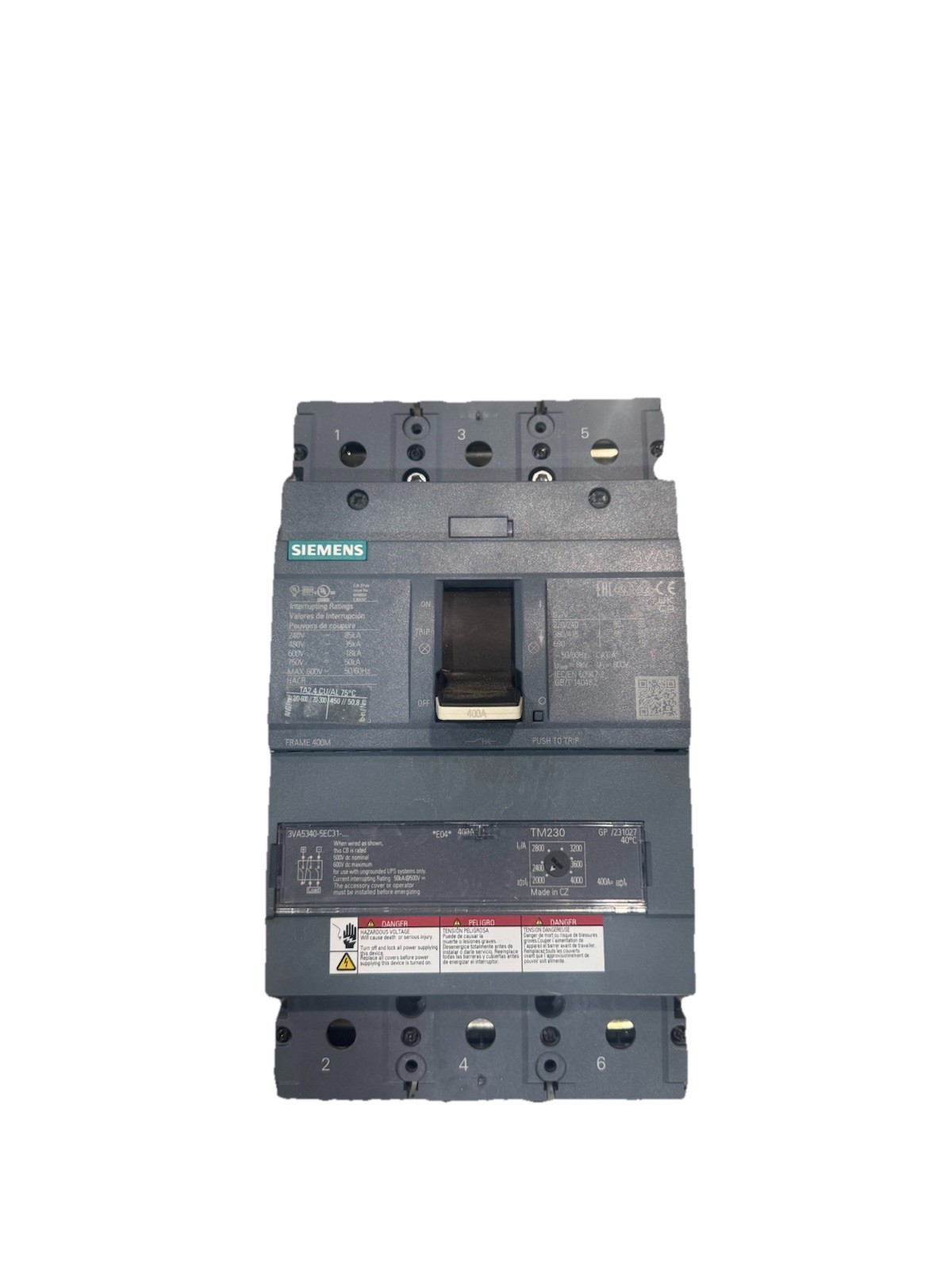 Siemens 3VA5340-5EC31-0AA0 Circuit Breaker 400A 3-Pole 600V + TM230 Trip Unit