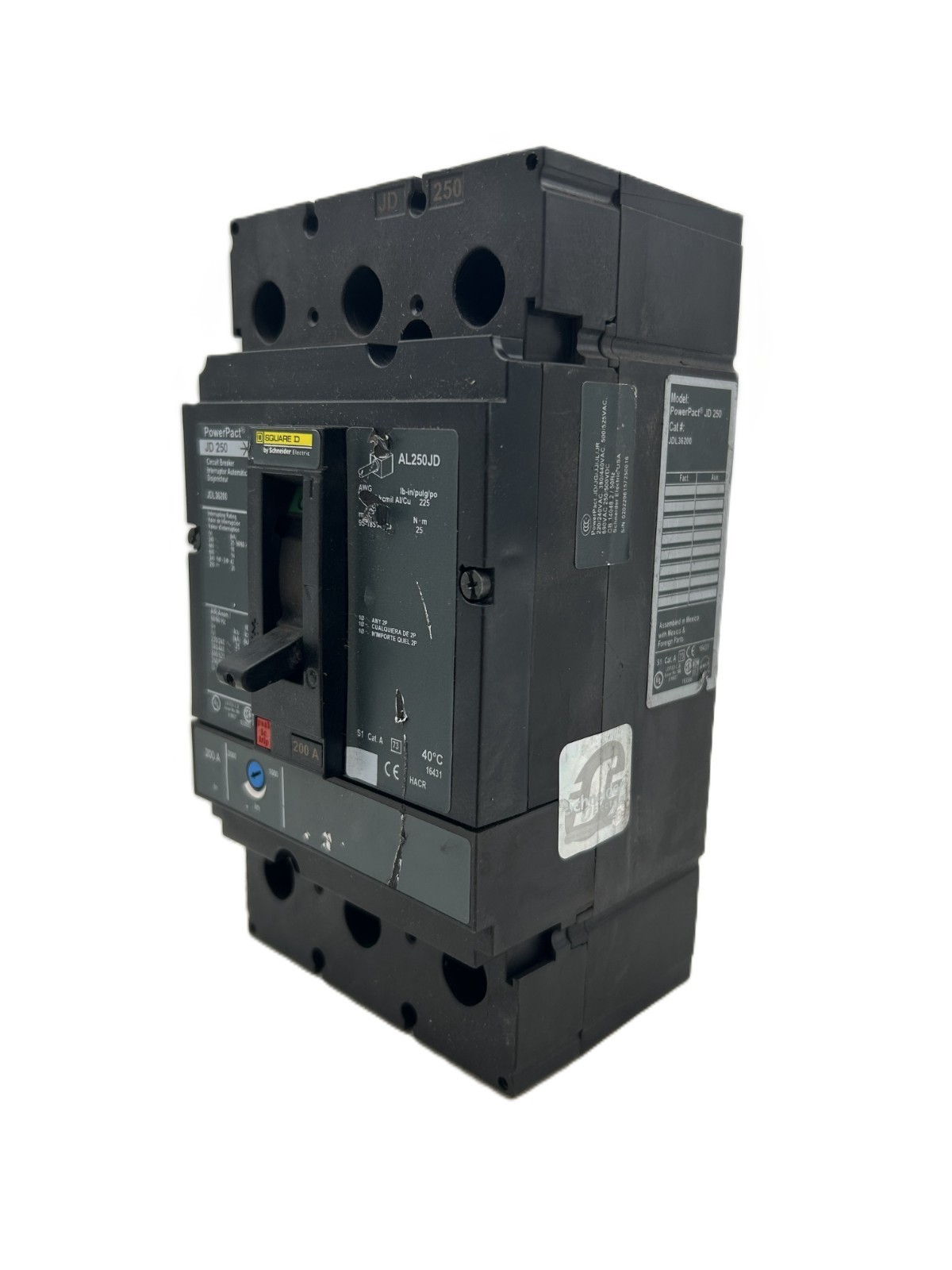 Square D JDL36200 PowerPact Circuit Breaker 200A 3-Pole 600VAC