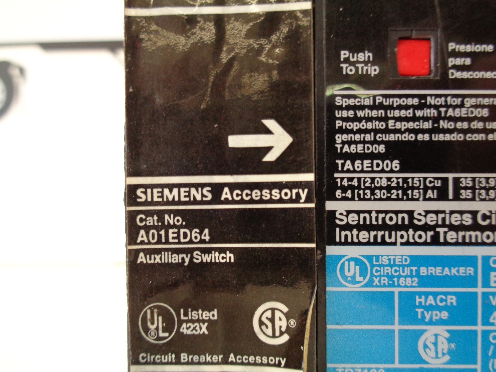 SIEMENS ED43B015 CIRCUIT BREAKER 15A W/ AUX SWITCH A01ED64 – USED – FREE SHIP