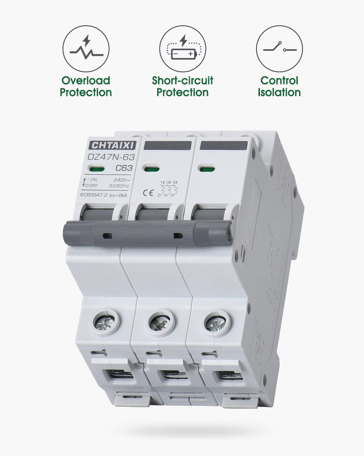 3 Pole DIN Rail Mount Circuit Breaker, 40 Amp 480V AC Miniature Circuit Breaker,