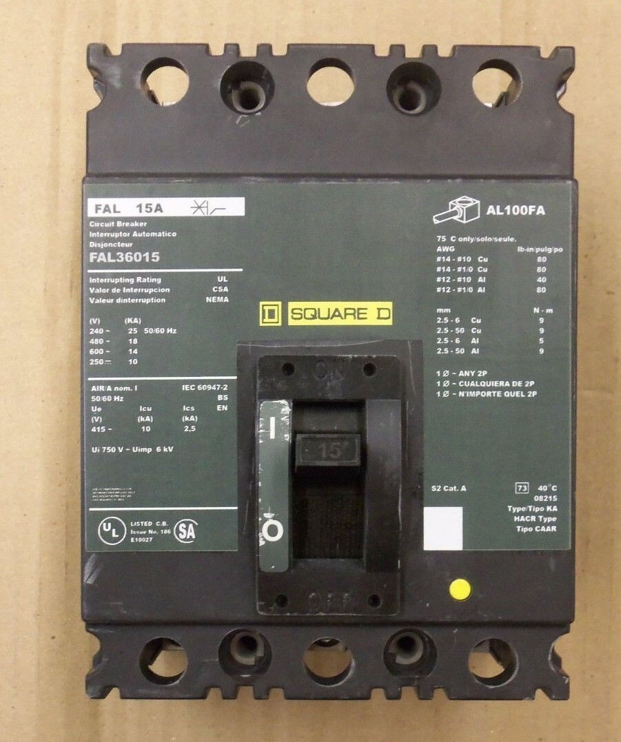 Square D FAL FAL36015 3 Pole 15 Amp 600V Green Label Circuit Breaker