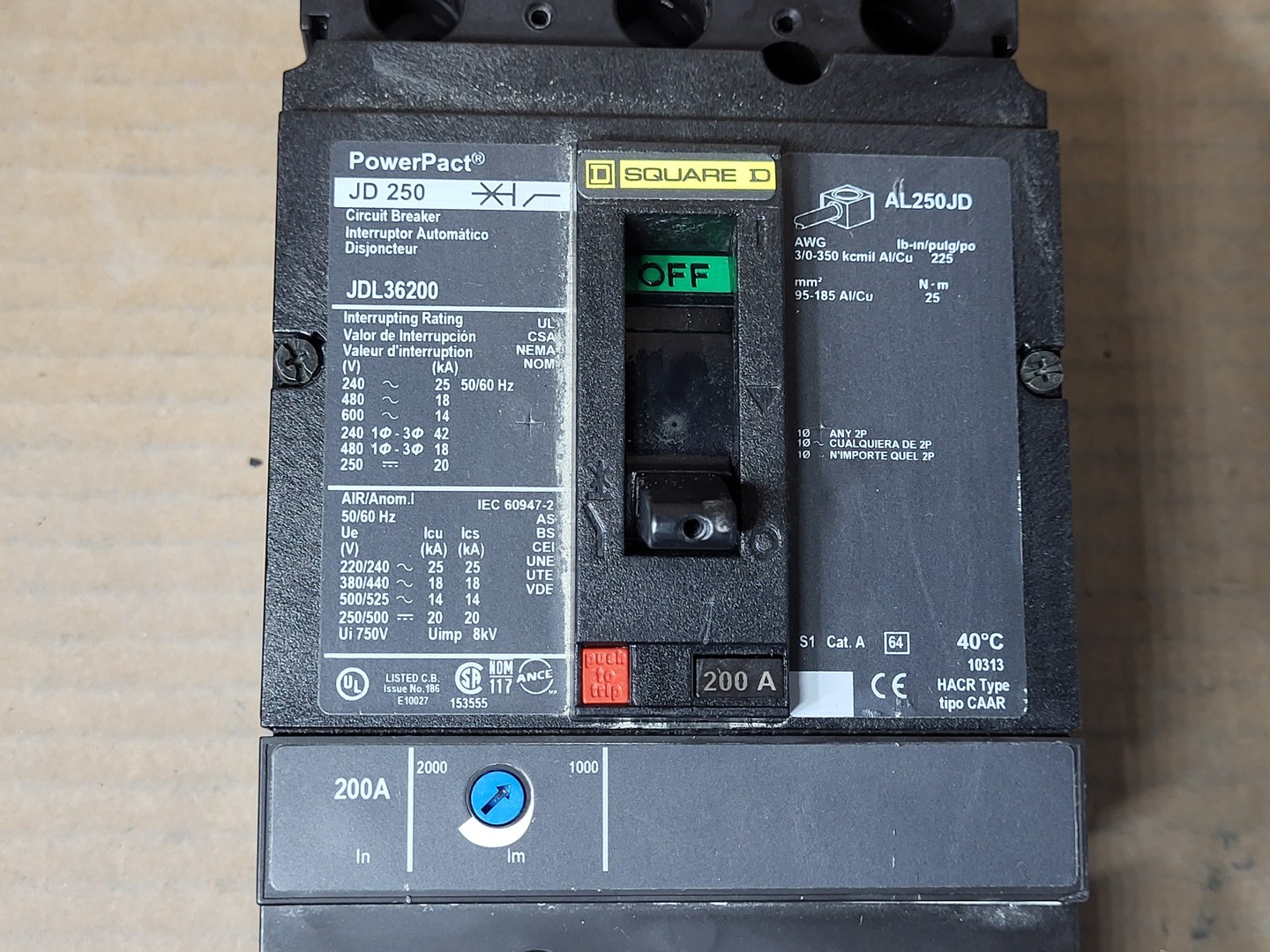 SURPLUS NEW SQUARE D JDL36200 200 Amp, 3 Pole, 600 Volt Circuit Breaker