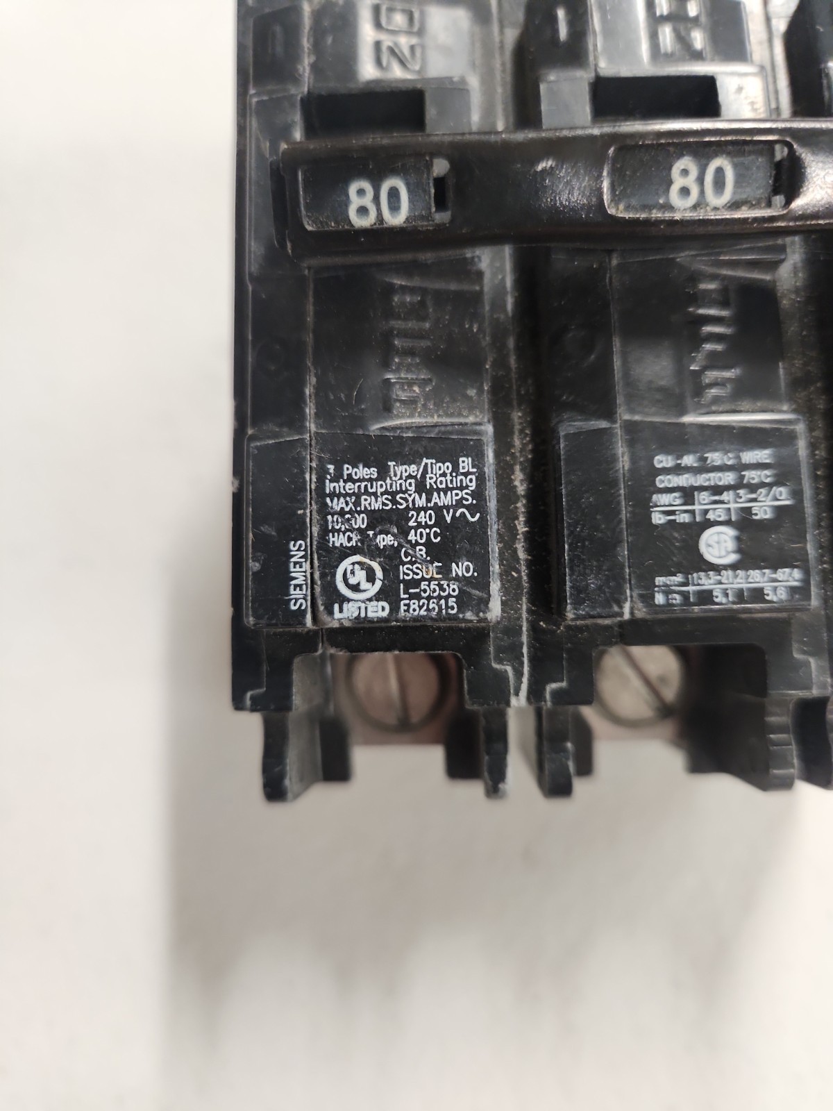 SIEMENS B380 3 POLE 80A 240V Type BL Bolt On Circuit Breaker READ DESCRIPTION