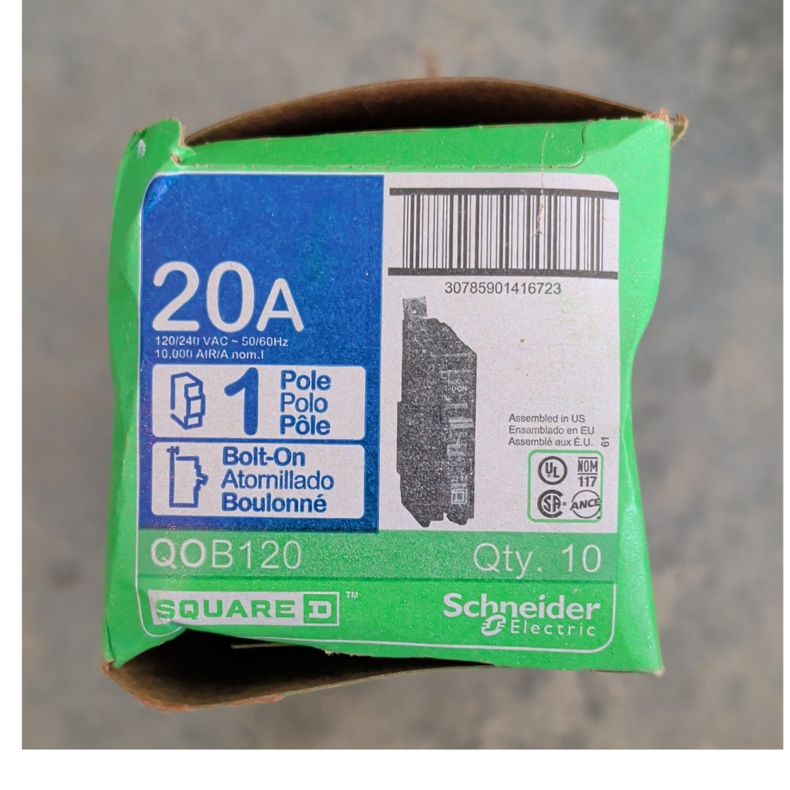 Square D Schneider Electric QOB120 20A Single Pole Bolt-On Circuit Breaker 10 P…