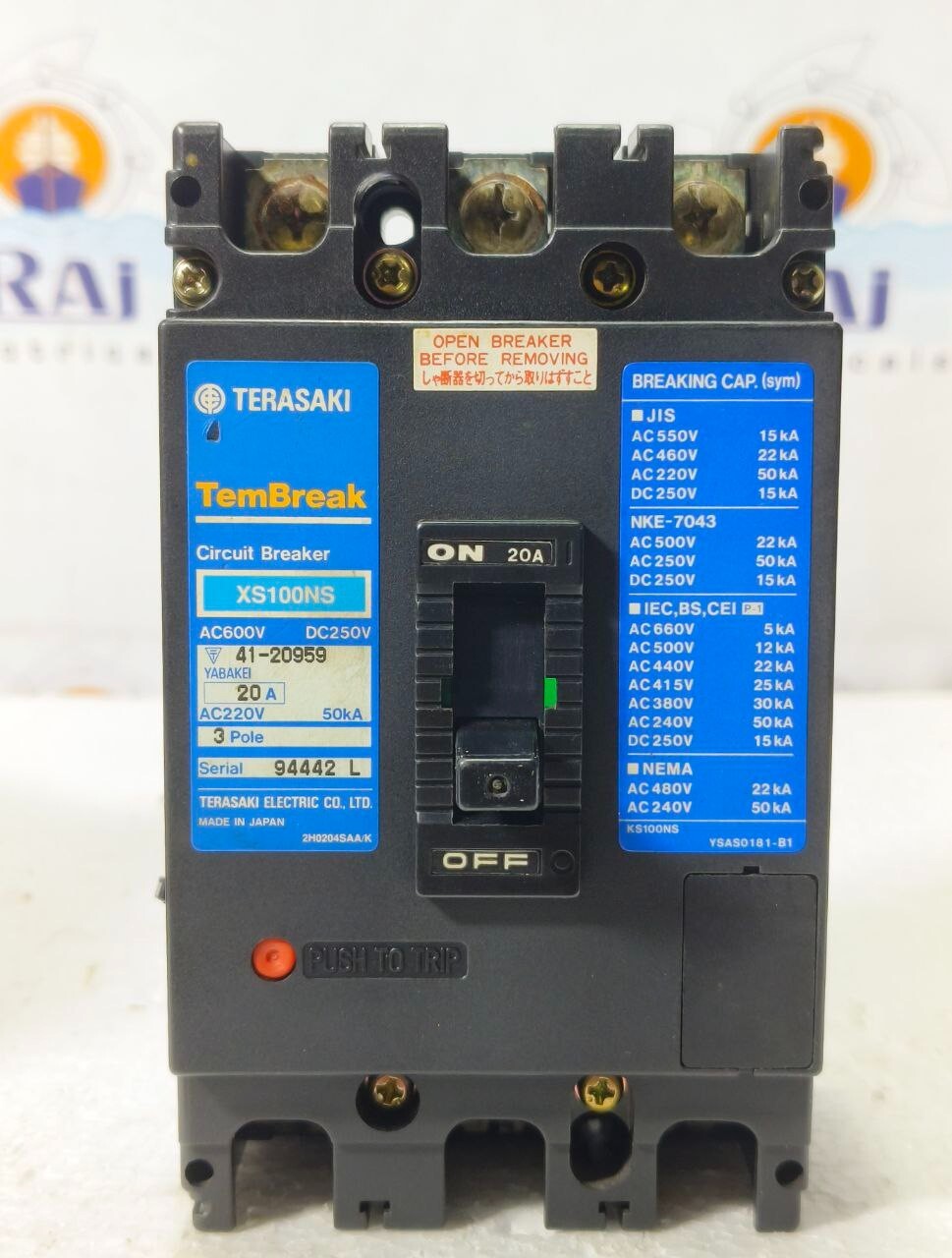 TERASAKI TEMBREAK XS100NS 20A 3POLE AC600V DC250V CIRCUIT BREAKER MCCB FREE SHIP